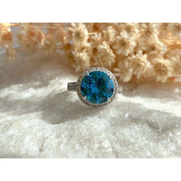Blue Topaz Semi-Precious Round Cut Halo 925 Sterling Silver Vintage Ring - sz 8 - Picture 8 of 10